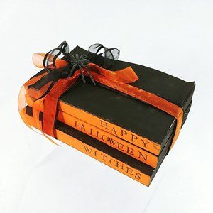 Halloween Decorative Tied Book Stack Happy Halloween Witches Spider Ribbon